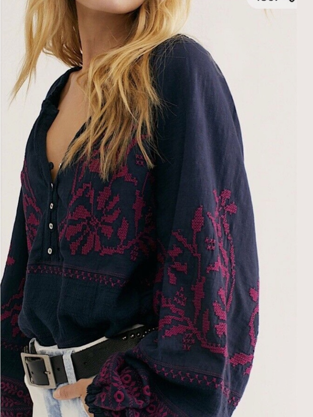 Free People Navy Tunic with Magenta Floral Embroidery